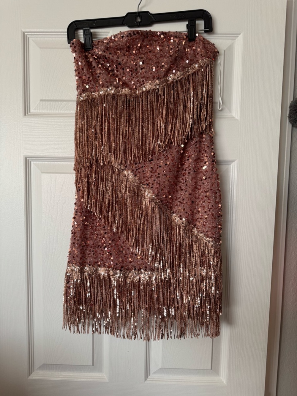 Rose Gold Sequin Fringe Strapless Dress size Large